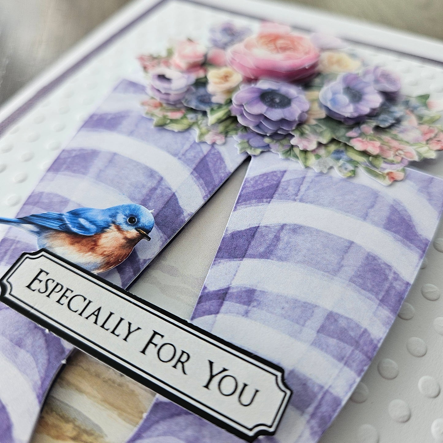Handmade Just Because Card – Purple Boots & Pastel Flowers, Decoupage Design