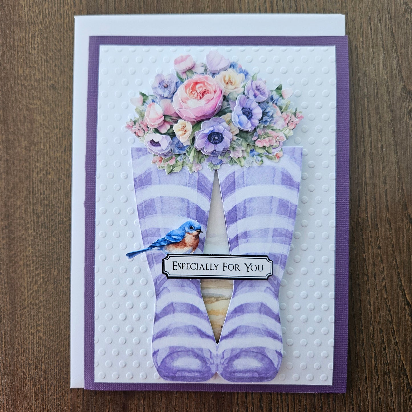 Handmade Just Because Card – Purple Boots & Pastel Flowers, Decoupage Design