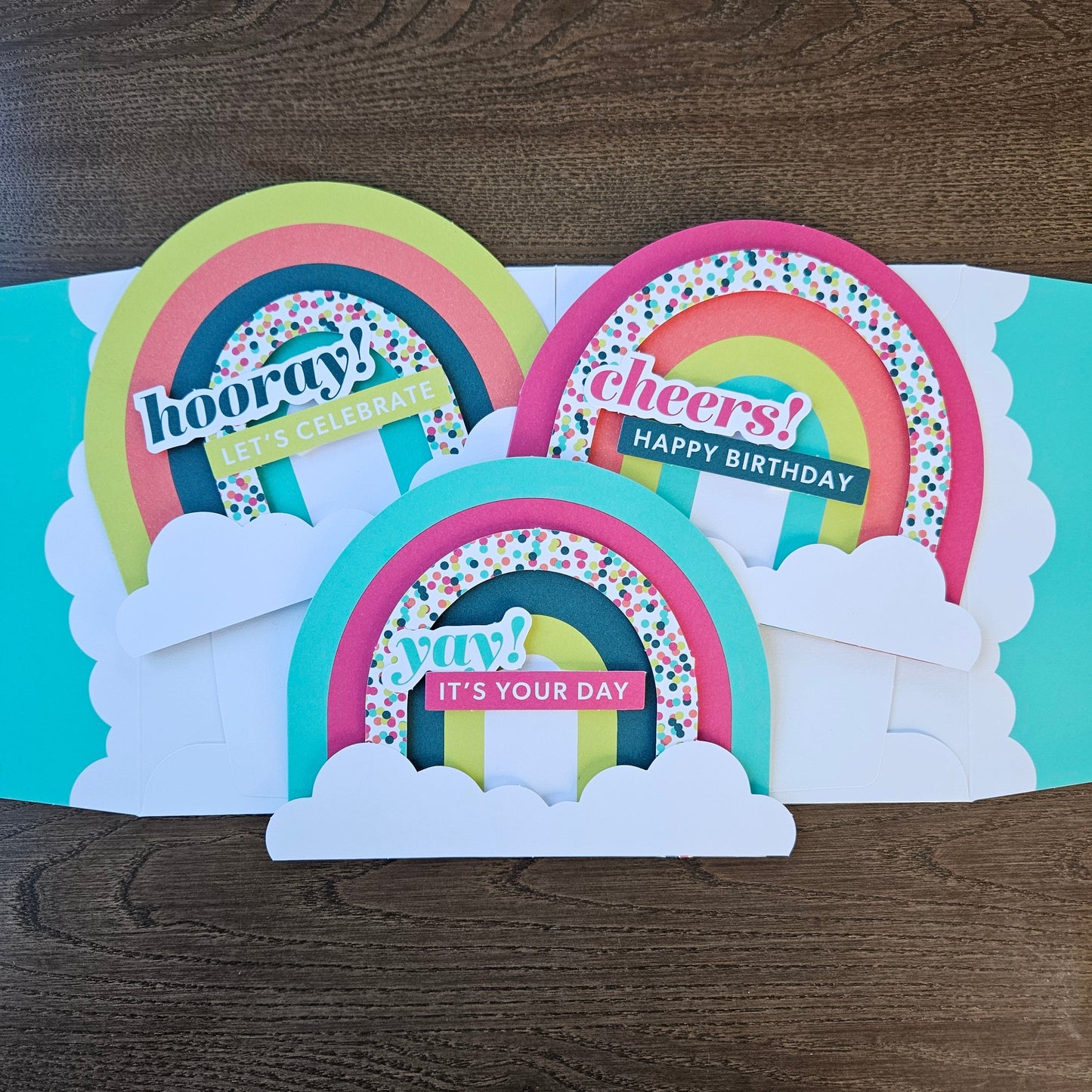 Handmade Birthday Card Bundle, Colorful Die-Cut Rainbow Greeting Cards, Set of 3 Tiddly Pom Cards
