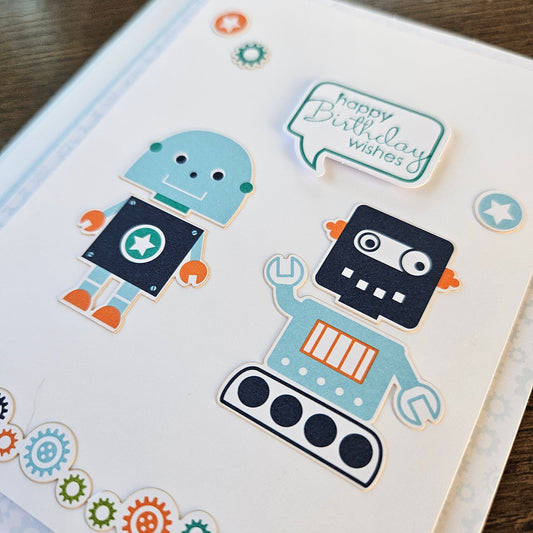 Handmade Birthday Card for Kids, Robot Birthday Wishes Greeting Card Tiddly Pom Cards