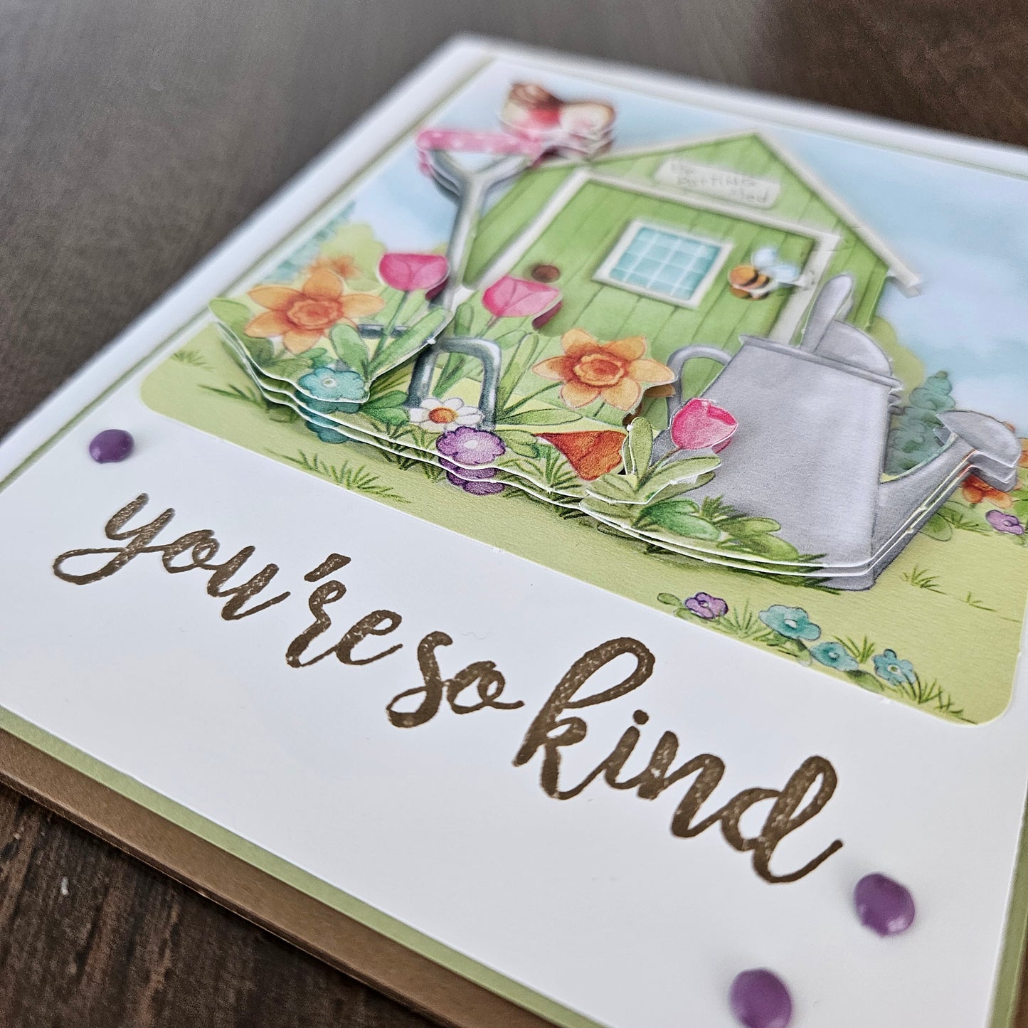 Handmade Thank You Card - Garden Potting Shed with You're So Kind Message, Decoupage Design