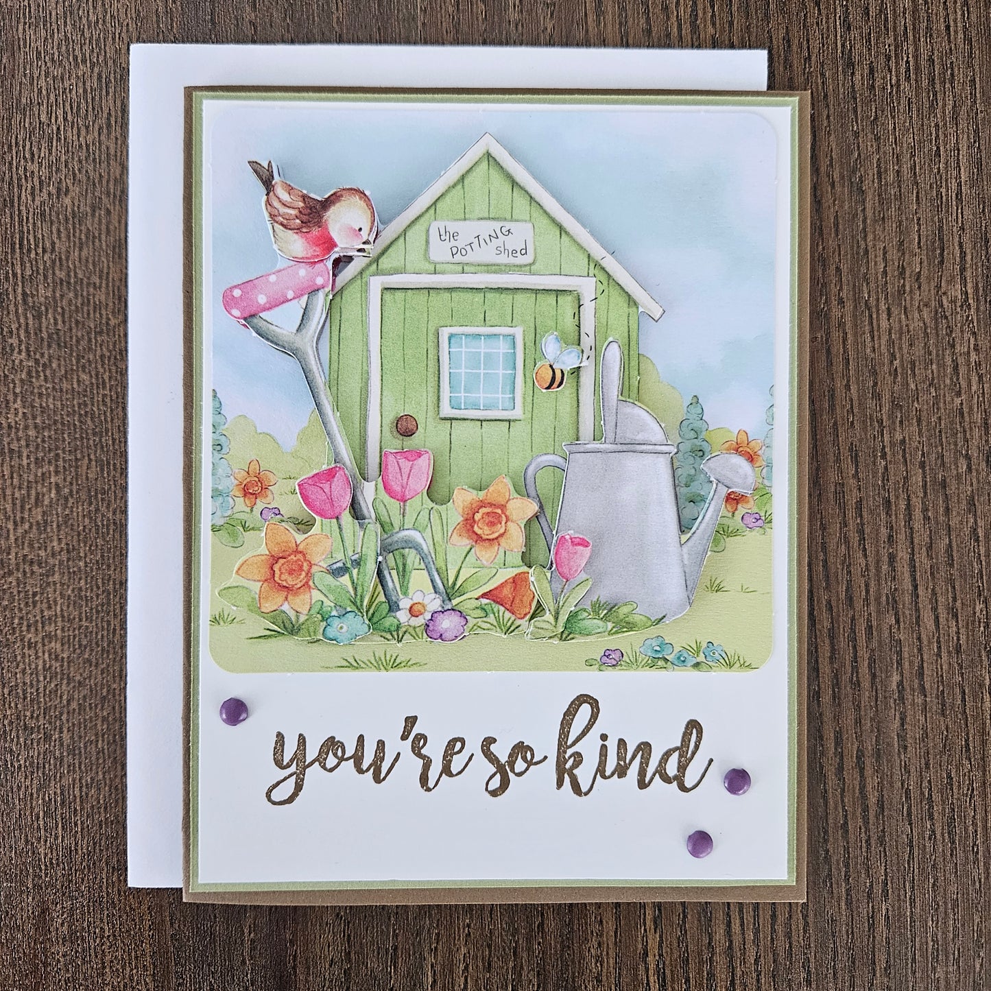 Handmade Thank You Card - Garden Potting Shed with You're So Kind Message, Decoupage Design