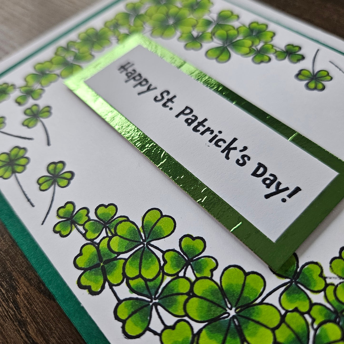 Handmade St. Patrick’s Day Card - Lucky Shamrock Joy, Hand Colored Tiddly Pom Inspired