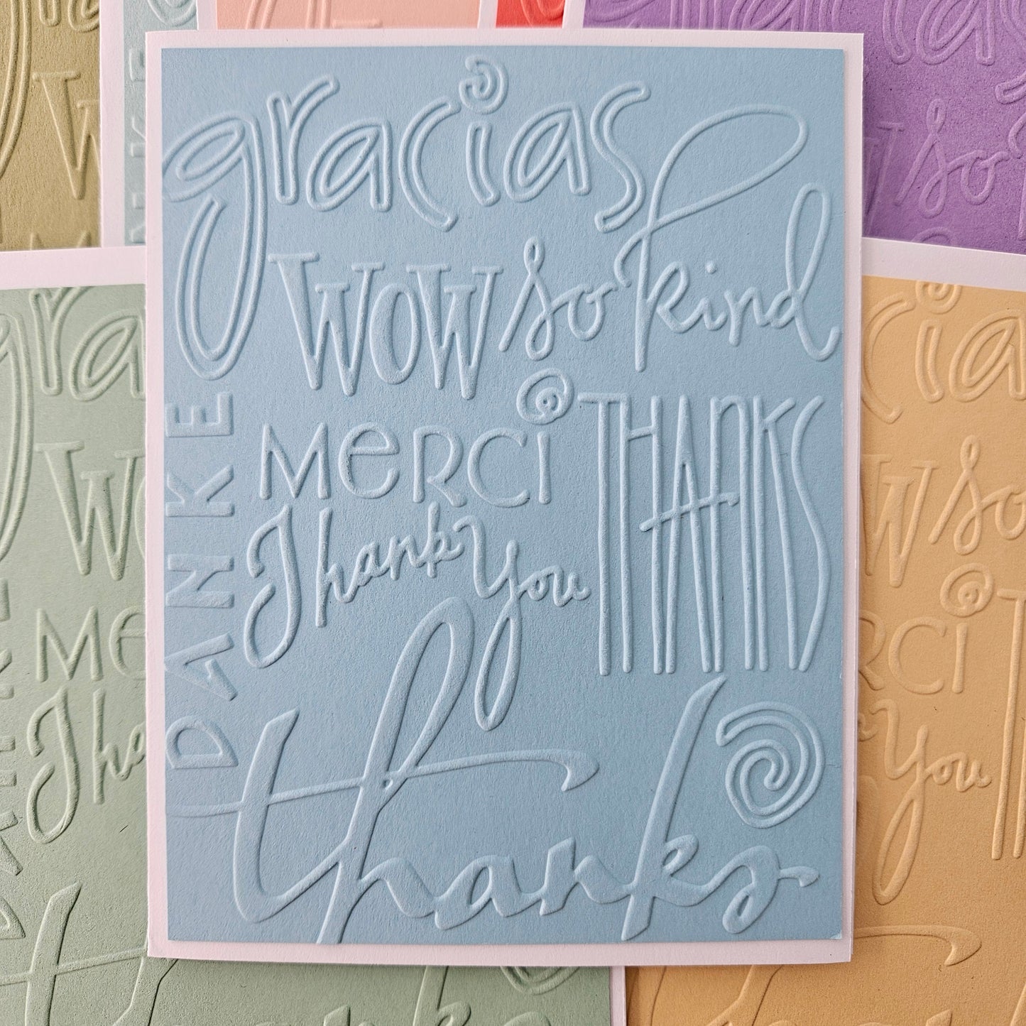 Embossed Thank You Note Cards, Handmade Subtle Colors Stationery, Set Of 10 Tiddly Pom Cards