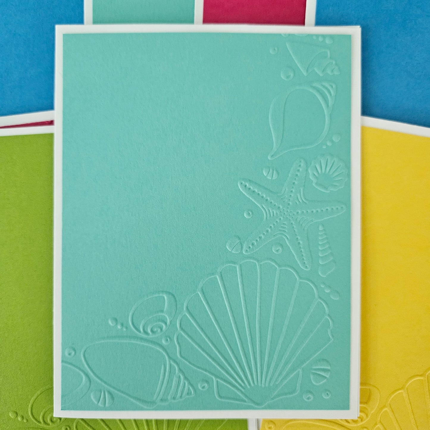 Handmade Note Cards, A2 Embossed Note Card Set, Summer Beach Shell Design, Bright Blank Cards for Writing, Handmade Stationery Bundle of 10, Tropical Colors
