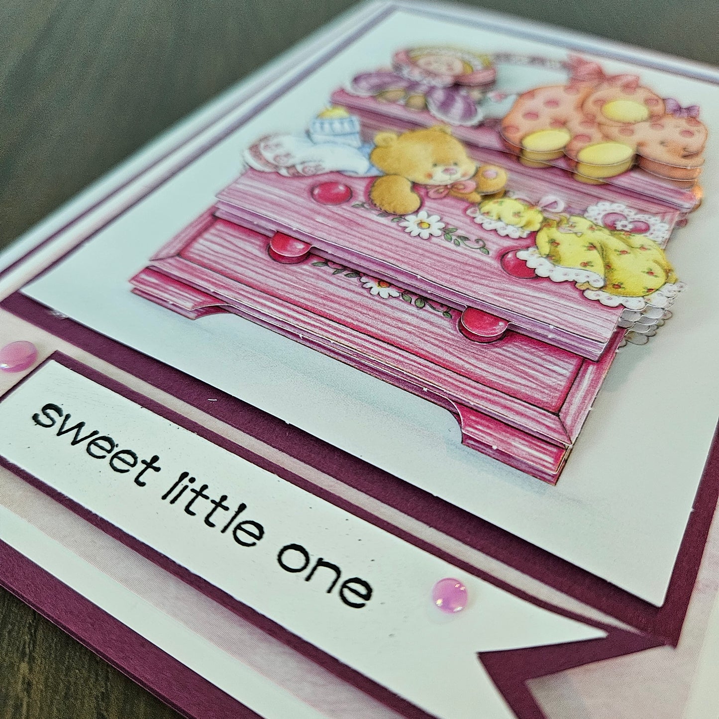 Handmade Baby Girl Congratulations Card, 5x7 Newborn Greeting Card, 3D Decoupage Nursery Dresser With Toys