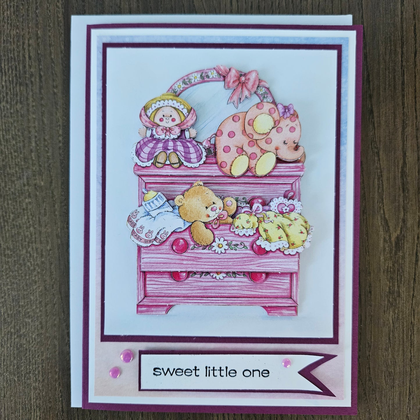 Handmade Baby Girl Congratulations Card, 5x7 Newborn Greeting Card, 3D Decoupage Nursery Dresser With Toys