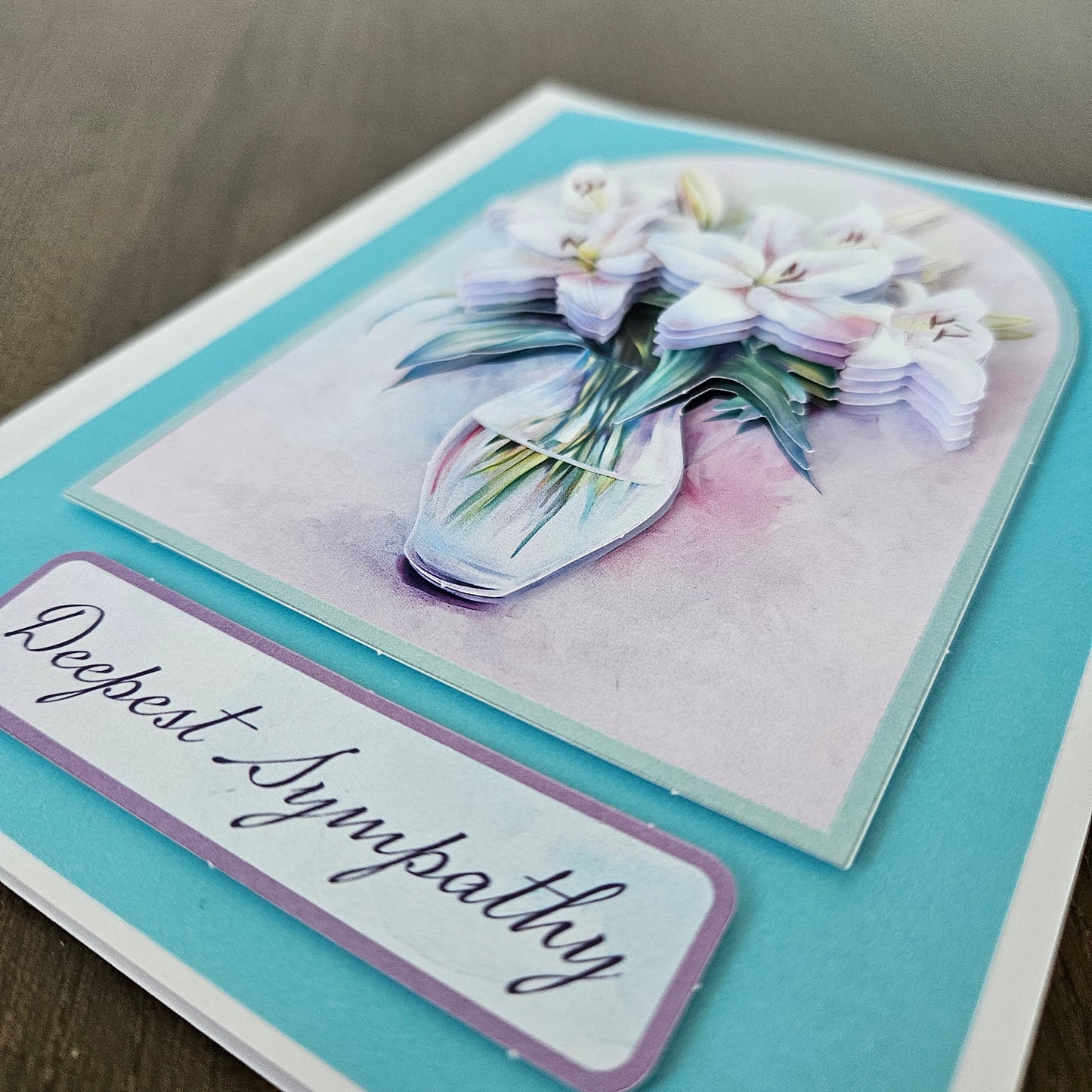 Handmade Sympathy Card, 3D Decoupage Lilies, Elegant Condolence Card for Loss, Soft Blue Floral Design