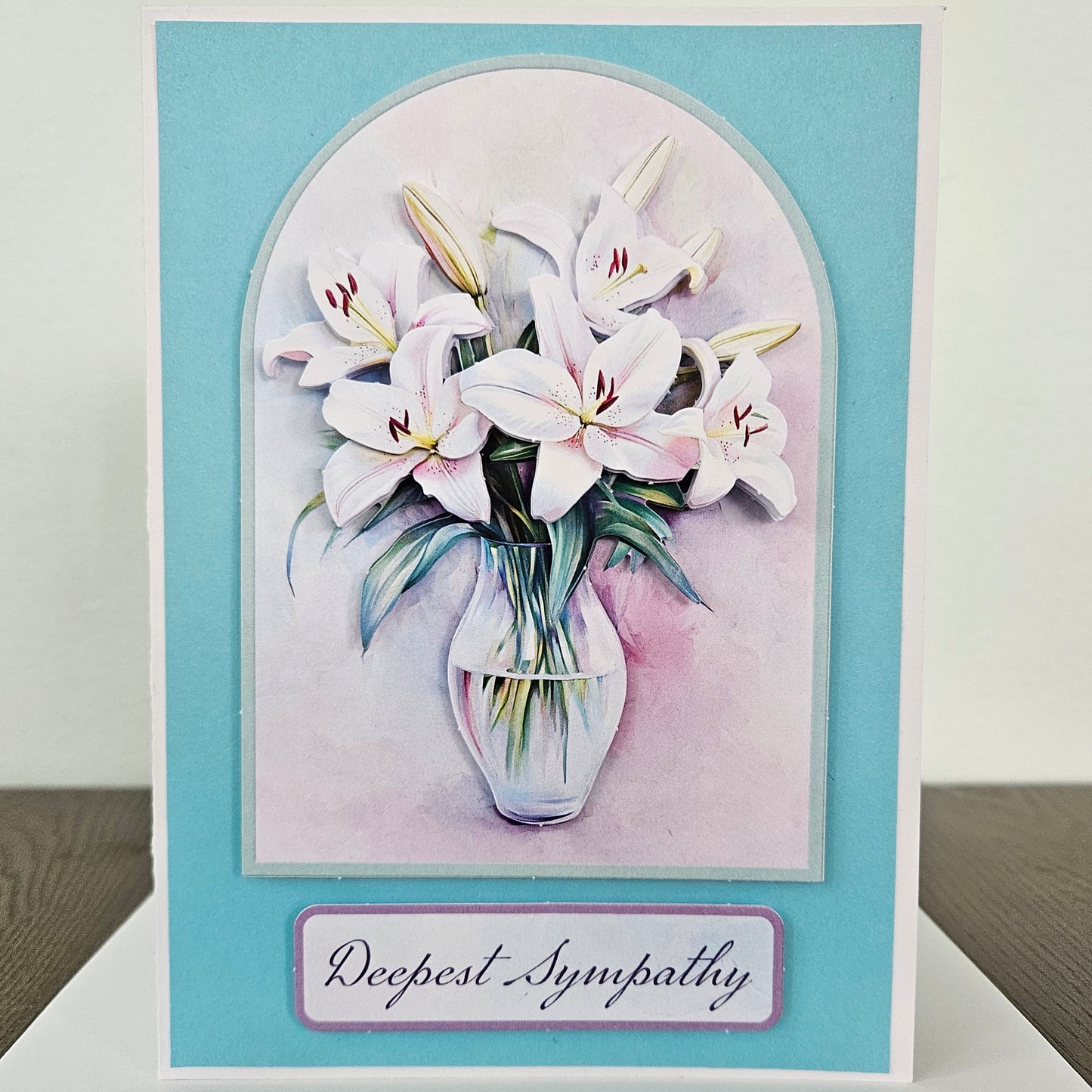 Handmade Sympathy Card, 3D Decoupage Lilies, Elegant Condolence Card for Loss, Soft Blue Floral Design