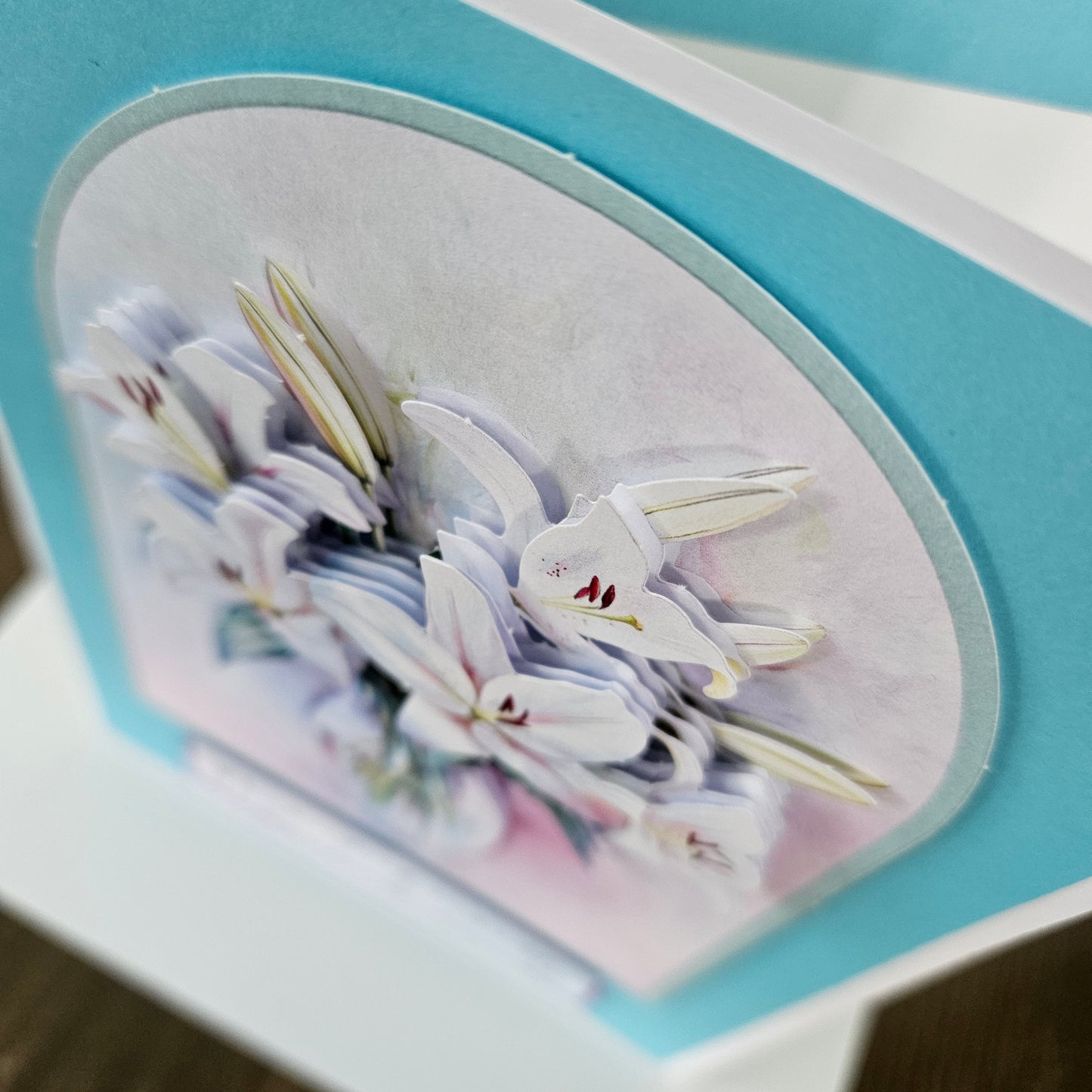 Handmade Sympathy Card, 3D Decoupage Lilies, Elegant Condolence Card for Loss, Soft Blue Floral Design