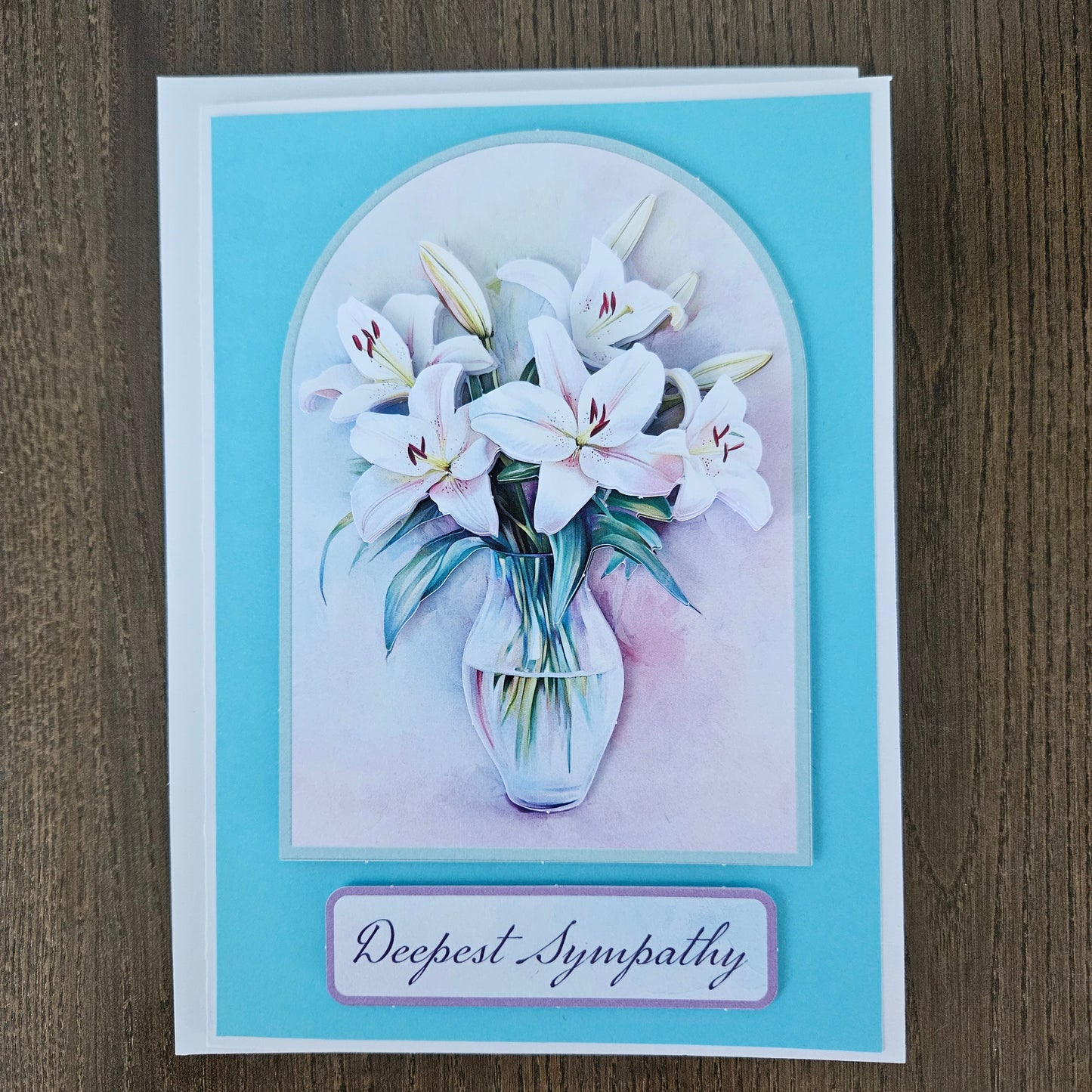 Handmade Sympathy Card, 3D Decoupage Lilies, Elegant Condolence Card for Loss, Soft Blue Floral Design
