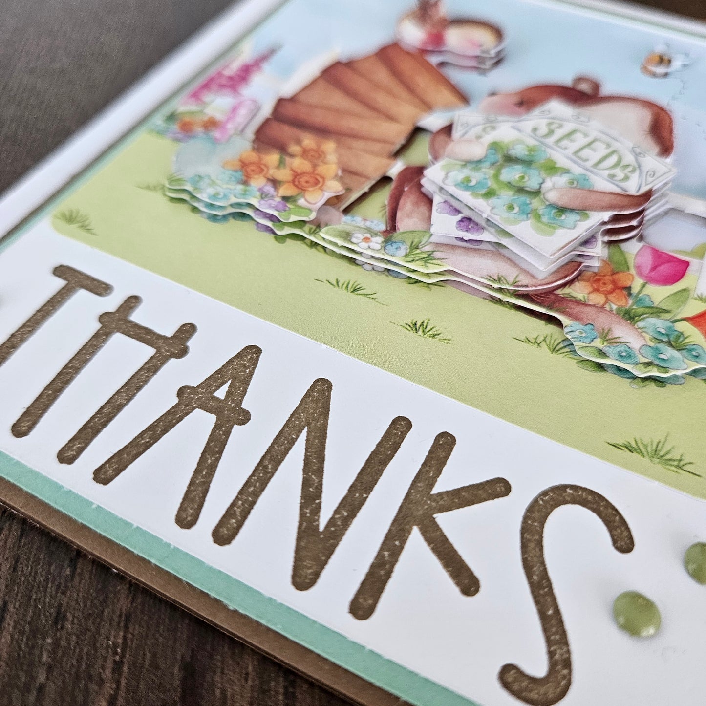 Handmade Thank You Card - Cute Mouse & Garden, Decoupage Design