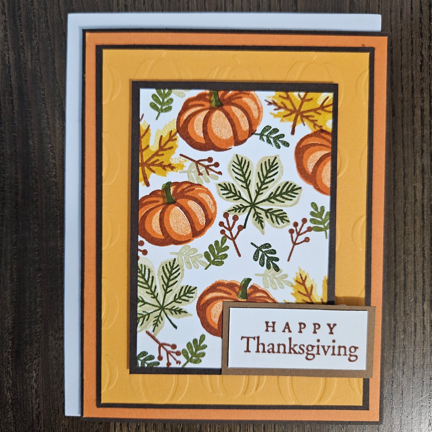 Handmade Thanksgiving Card, Friendship Greeting Card with Embossed Pumpkins, Autumn Leaves & Orange Layered Design
