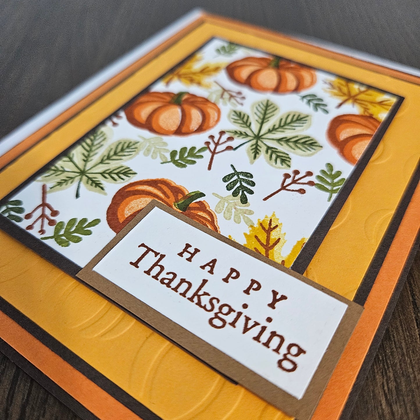 Handmade Thanksgiving Card, Friendship Greeting Card with Embossed Pumpkins, Autumn Leaves & Orange Layered Design