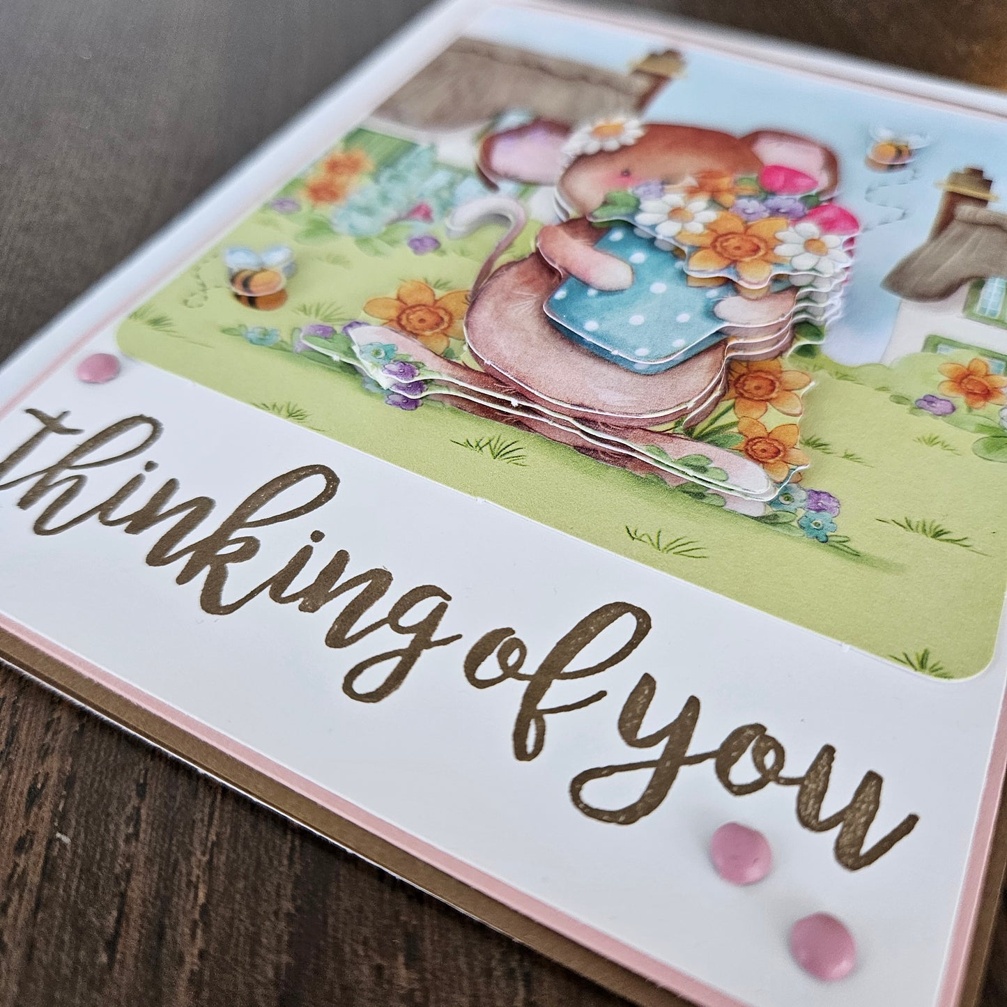 Handmade Thinking of You Card, Pastel 3D Decoupage Greeting Card, Cute Mouse & Flowers