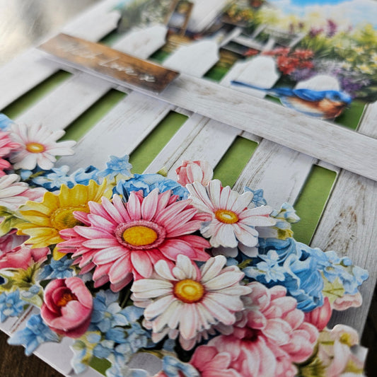 Handmade Just Because Card, 3D Decoupage Design, Personalized Thinking Of You Greeting Card, Garden Fence & Bluebird Tiddly Pom Cards