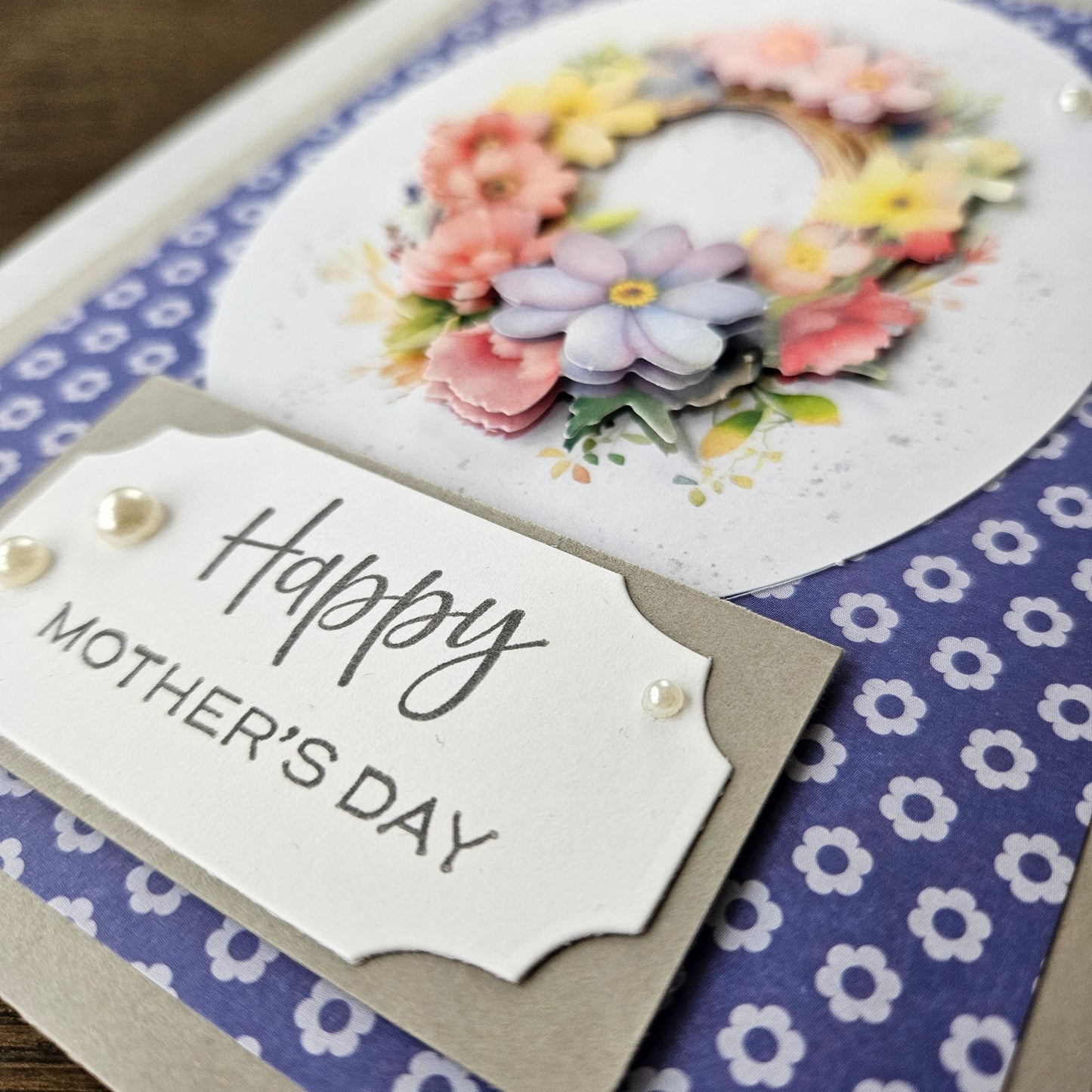Handmade Mother’s Day Card, Floral Wreath 3D Decoupage Greeting Card for Mom Tiddly Pom Cards