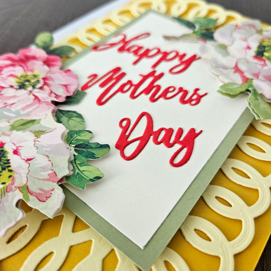 Handmade Mother’s Day Card, Floral Die-Cut & Decoupage Card, Yellow Greeting Card for Mom, Step Mom, Blooming Flowers Tiddly Pom Cards