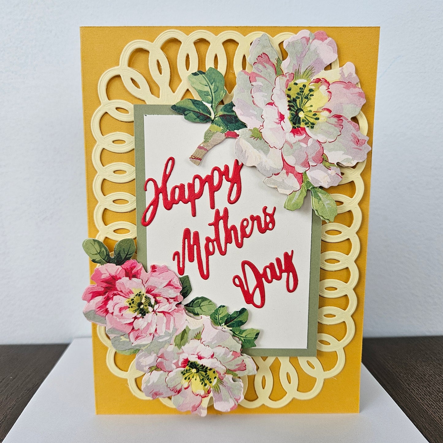 Handmade Mother’s Day Card, Floral Die-Cut & Decoupage Card, Yellow Greeting Card for Mom, Step Mom, Blooming Flowers