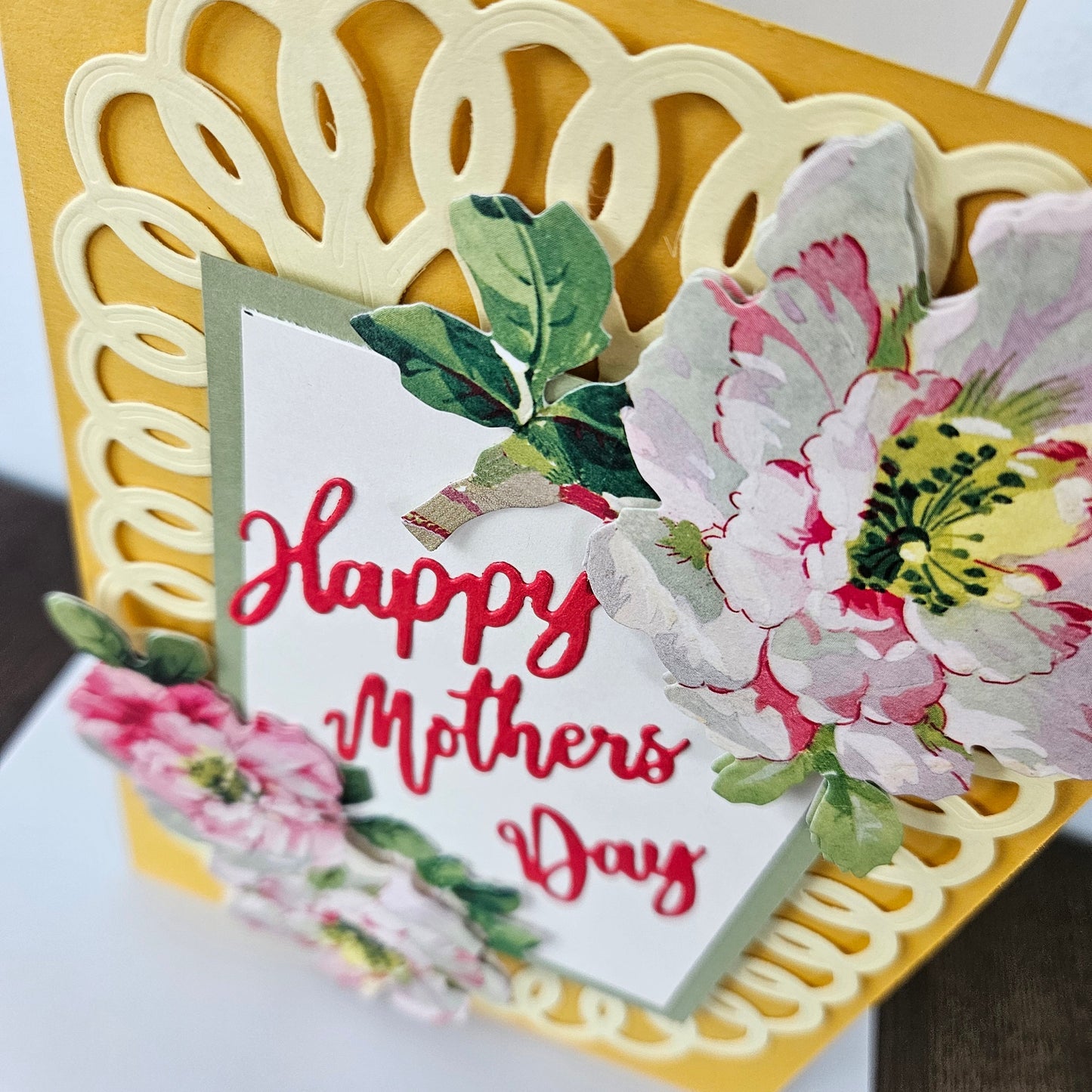 Handmade Mother’s Day Card, Floral Die-Cut & Decoupage Card, Yellow Greeting Card for Mom, Step Mom, Blooming Flowers Tiddly Pom Cards
