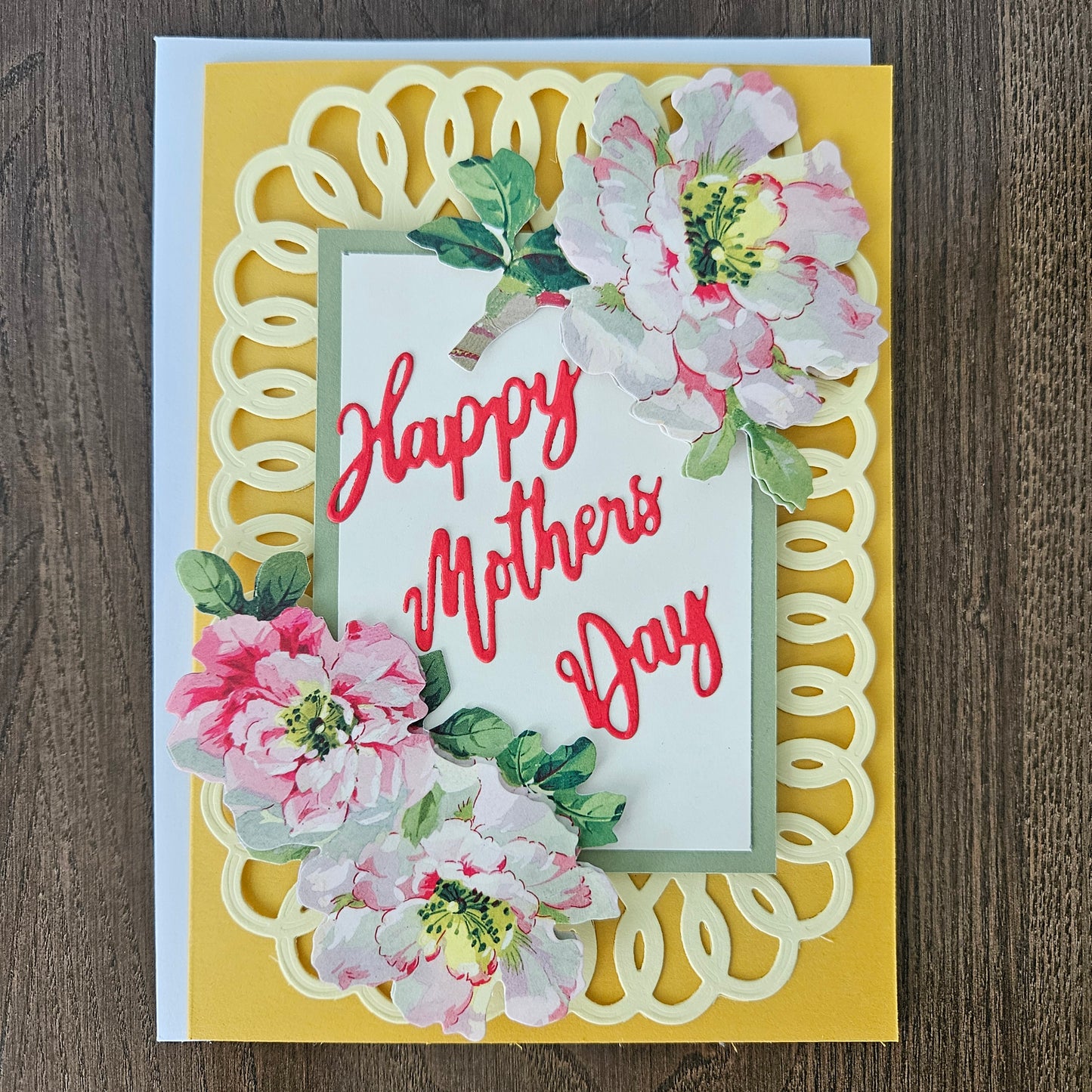 Handmade Mother’s Day Card, Floral Die-Cut & Decoupage Card, Yellow Greeting Card for Mom, Step Mom, Blooming Flowers