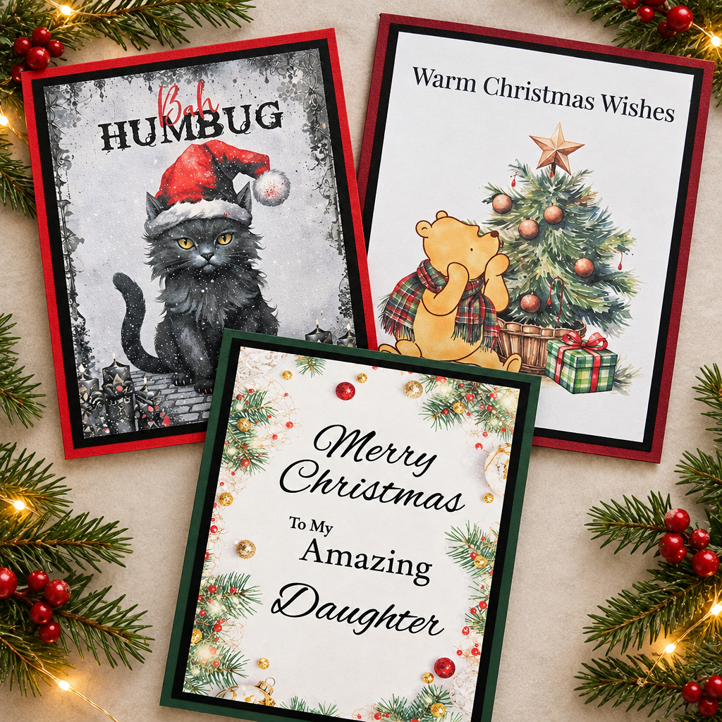 Close-up Christmas collage with Black Cat, Warm Xmas Wishes Pooh, and Amazing Daughter cards