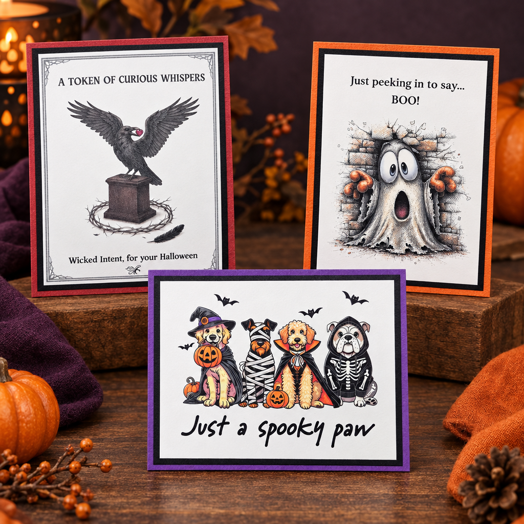 Three handmade Halloween cards featuring costumed dogs, a gothic raven, and a peeking ghost in a festive orange, black, and purple display