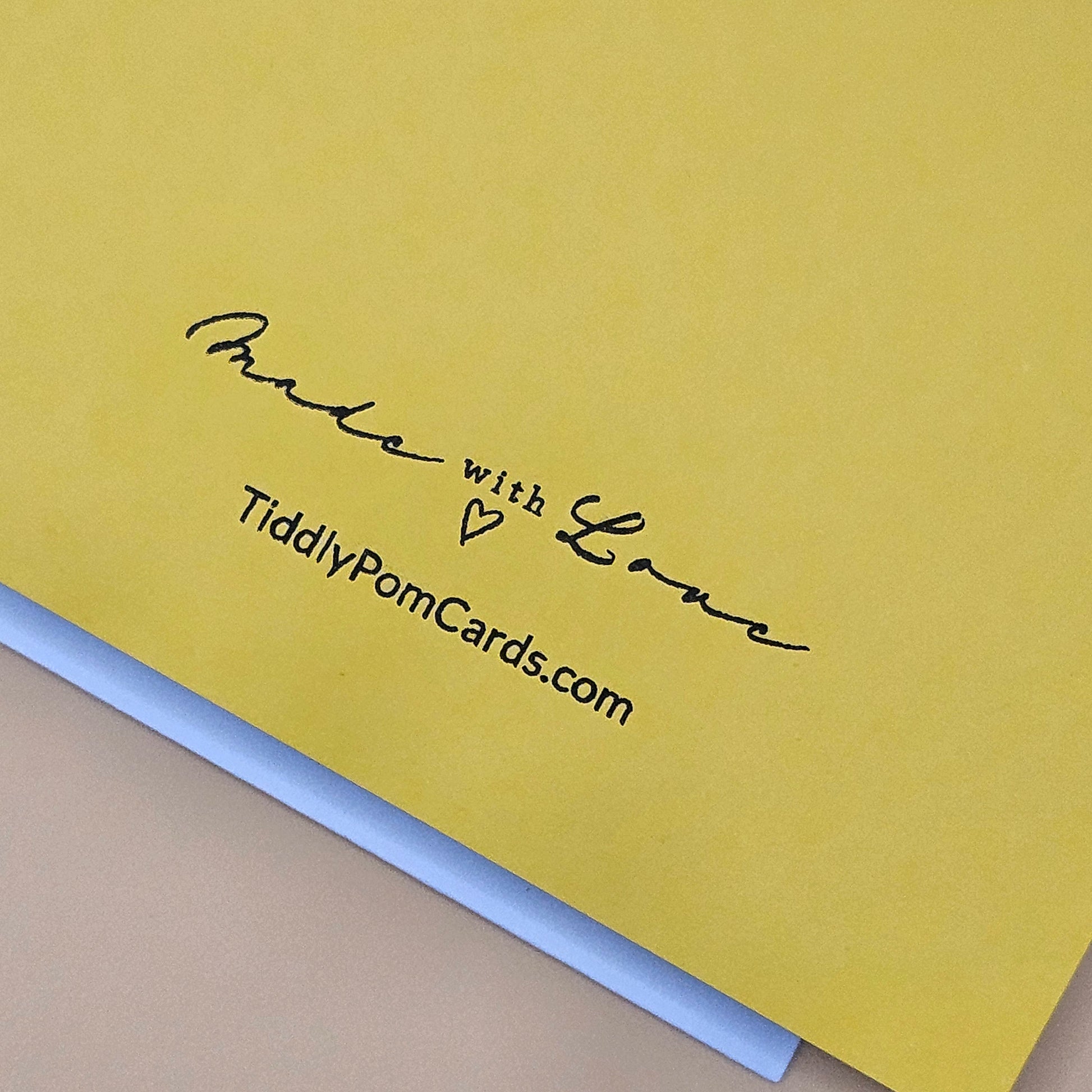 Yellow card with 'Made with Love' text and TiddlyPomCards.com branding.