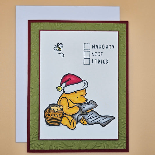 Handmade Winnie the Pooh Christmas Card, Funny Holiday Greeting Card, Naughty Nice I Tried