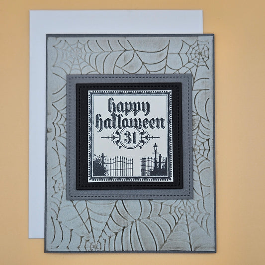 Handmade Halloween Card, Gothic Greeting Card, Embossed Spider Web, Layered Spooky Gate Design