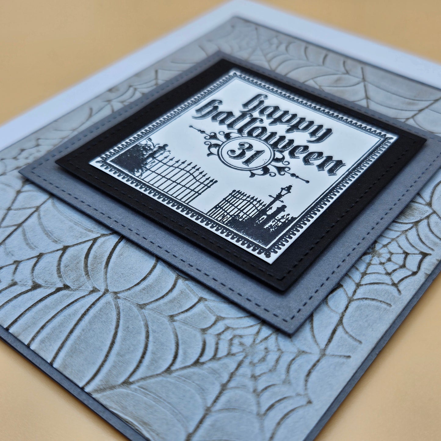 Handmade Halloween Card, Gothic Greeting Card, Embossed Spider Web, Layered Spooky Gate Design