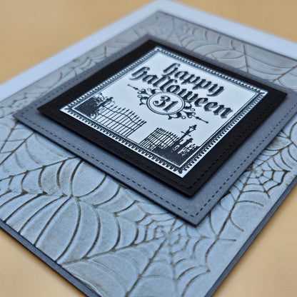 Handmade Halloween Card, Gothic Greeting Card, Embossed Spider Web, Layered Spooky Gate Design