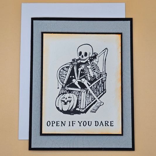 Halloween Card for Friends and Family, Handmade Spooky Greeting Card, Skeleton in Chest