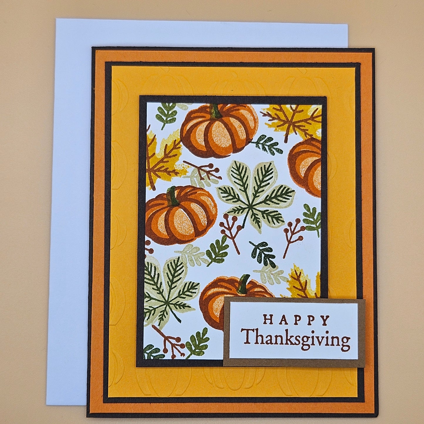 Handmade Thanksgiving Card, Friendship Greeting Card with Embossed Pumpkins, Autumn Leaves & Orange Layered Design