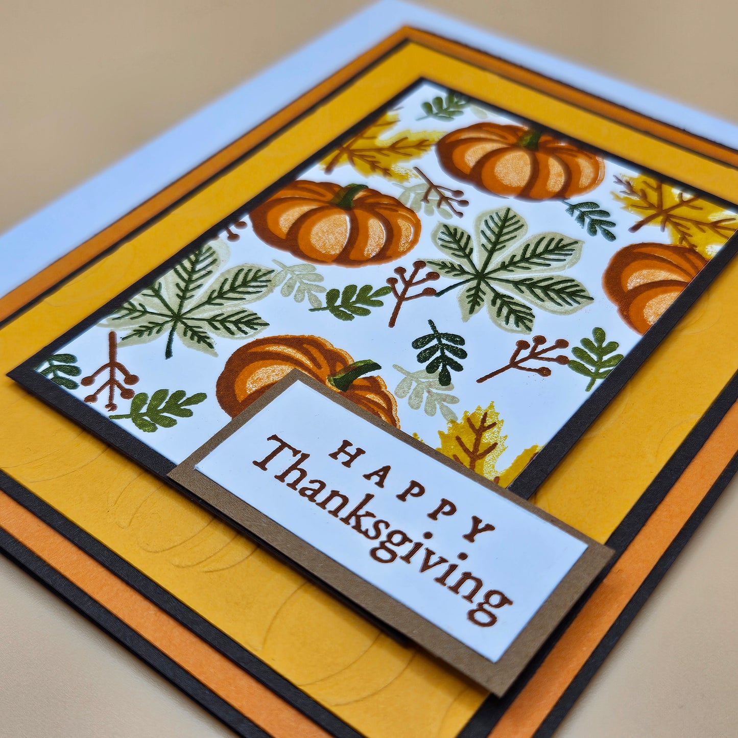 Handmade Thanksgiving Card, Friendship Greeting Card with Embossed Pumpkins, Autumn Leaves & Orange Layered Design