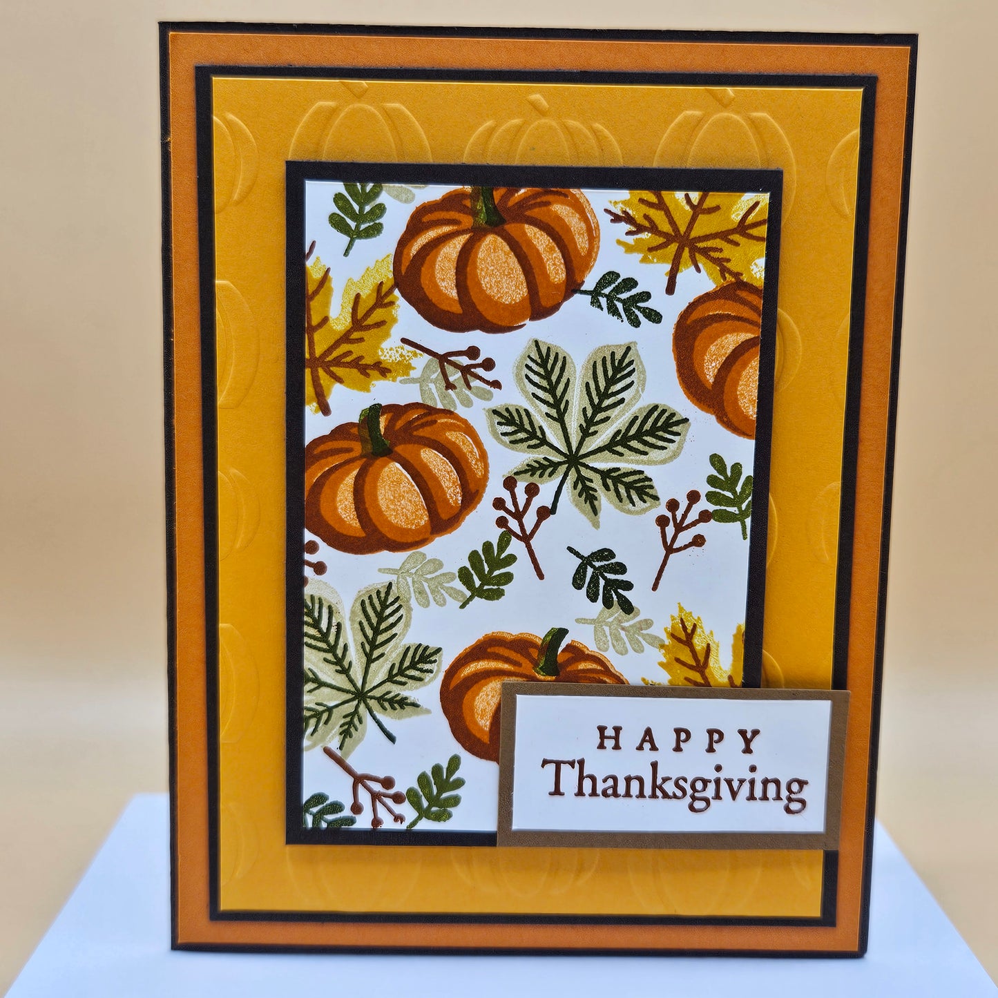Handmade Thanksgiving Card, Friendship Greeting Card with Embossed Pumpkins, Autumn Leaves & Orange Layered Design