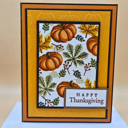 Handmade Thanksgiving Card, Friendship Greeting Card with Embossed Pumpkins, Autumn Leaves & Orange Layered Design