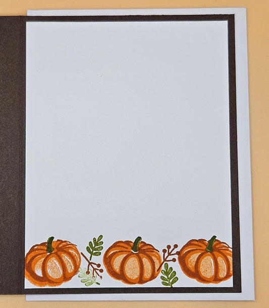 Handmade Thanksgiving Card, Friendship Greeting Card with Embossed Pumpkins, Autumn Leaves & Orange Layered Design