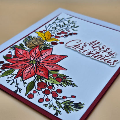 Handmade Christmas Card, Hand Colored Poinsettia & Pinecone Greeting Card