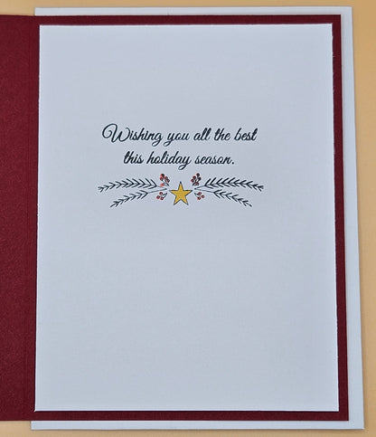 Handmade Christmas Card, Hand Colored Poinsettia & Pinecone Greeting Card