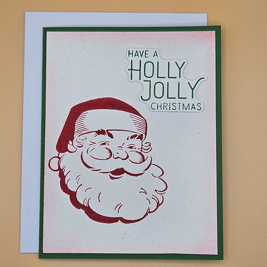 Handmade Christmas Card, Hand Colored Vintage Santa Greeting Card, Holly Jolly