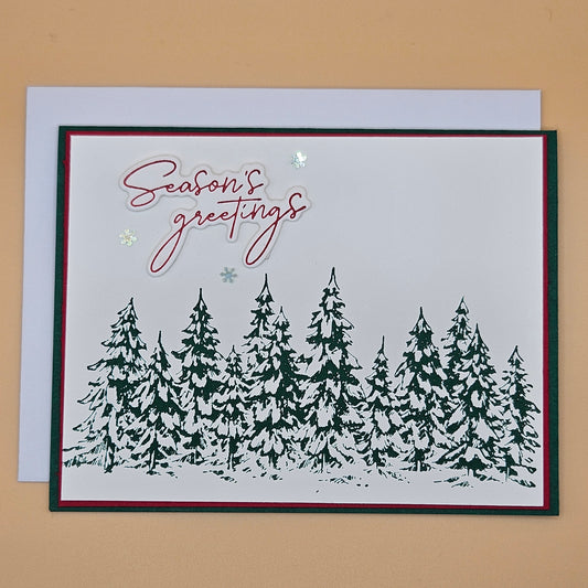 Handmade Christmas Card, Season’s Greetings Winter Pine Forest Greeting Card