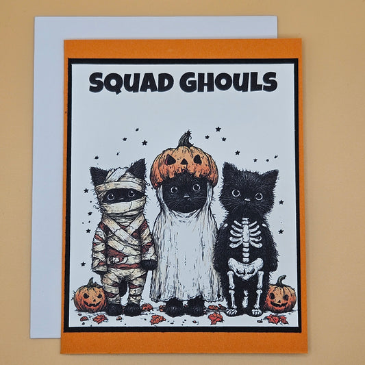 Handmade Halloween Card, Funny Greeting Card with Inside Message, Squad Ghouls Cats