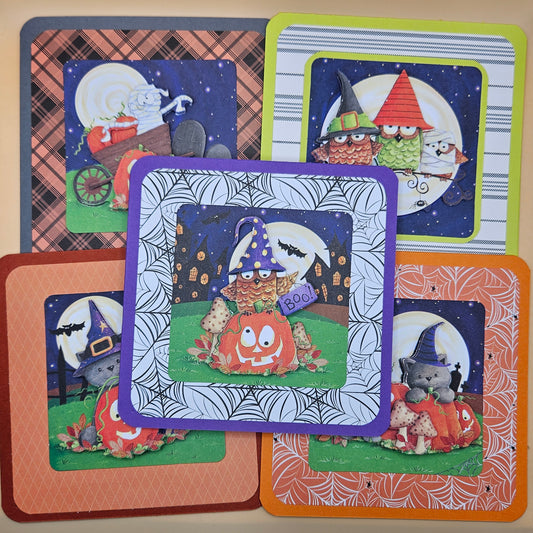 Handmade Halloween Card Set, 5-Pack Square Cards with 3D Decoupage, Cute Owls, Cats & Pumpkins, Unique Fall Greeting Bundle