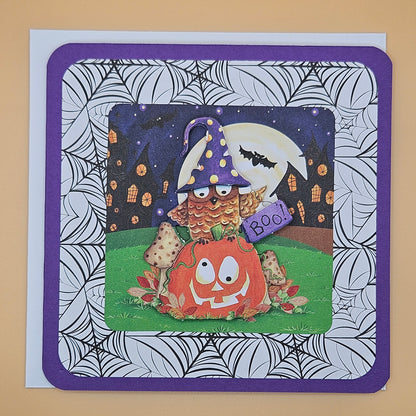 Handmade Halloween Card Set, 5-Pack Square Cards with 3D Decoupage, Cute Owls, Cats & Pumpkins, Unique Fall Greeting Bundle