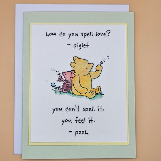 Winnie the Pooh Card for Friends, Handmade Friendship Greeting Card, Piglet’s Love Quote Card