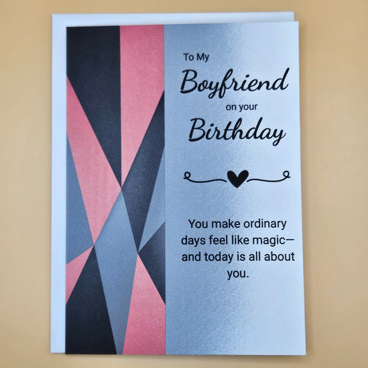 Birthday Card for Boyfriend, Romantic Greeting Card for Him with Heartfelt Message, Red Geometric Masculine Card