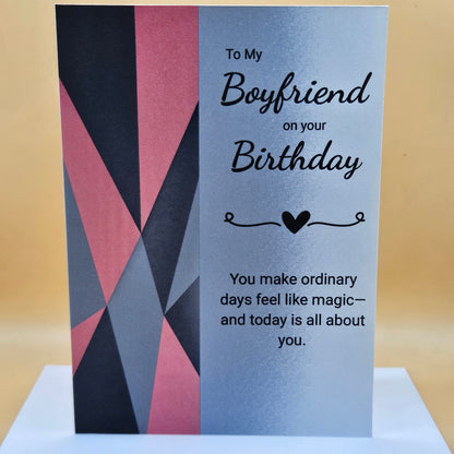 Birthday Card for Boyfriend, Romantic Greeting Card for Him with Heartfelt Message, Red Geometric Masculine Card