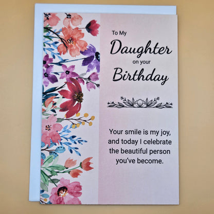 Birthday Card for Daughter, Watercolor Pastel Floral Greeting Card with Heartfelt Message, Card for Her