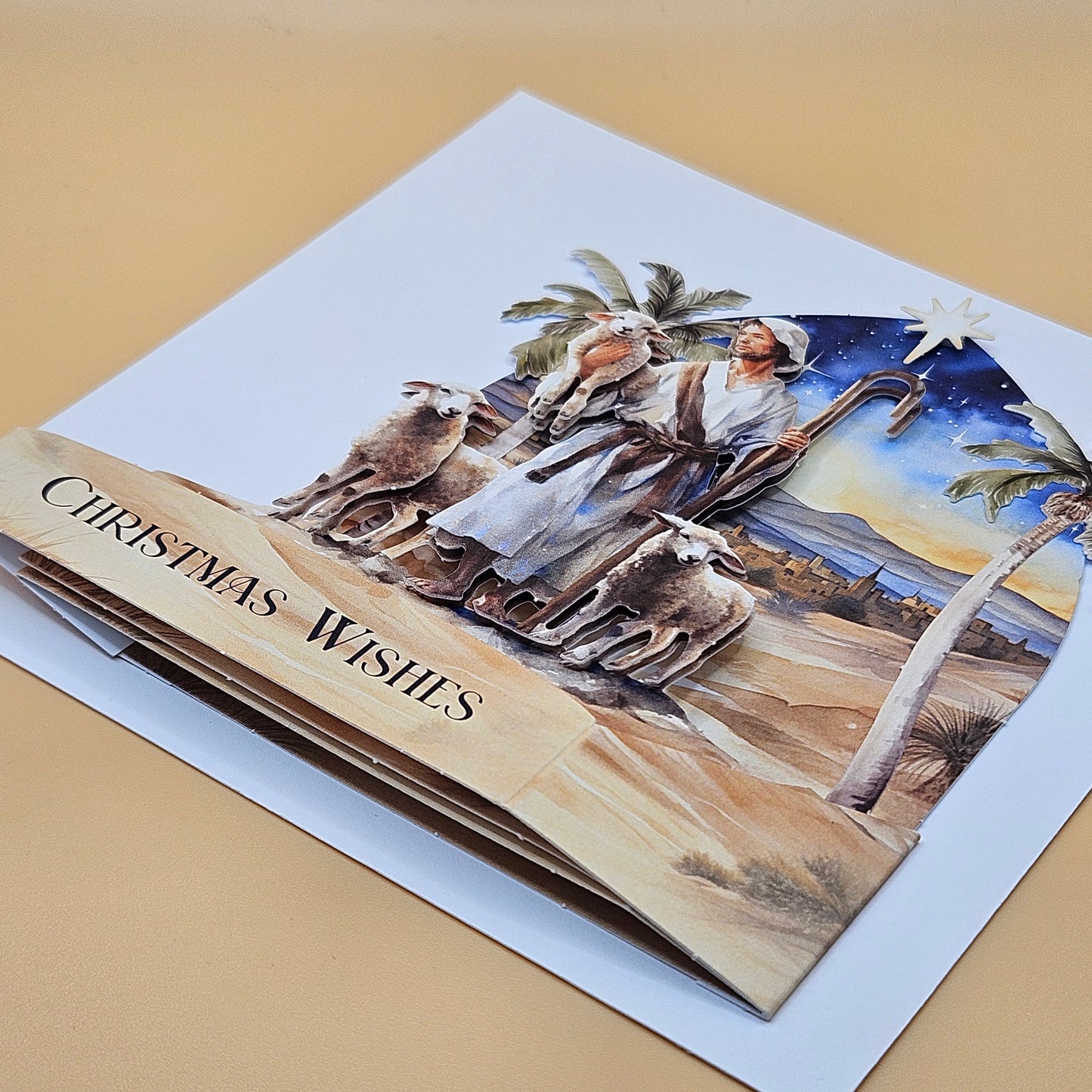 Handmade Pop-Up Christmas Card, 3D Decoupage Shepherd & Star Nativity Scene